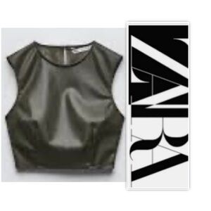 Zara Khaki Green Faux Leather Cropped Top
